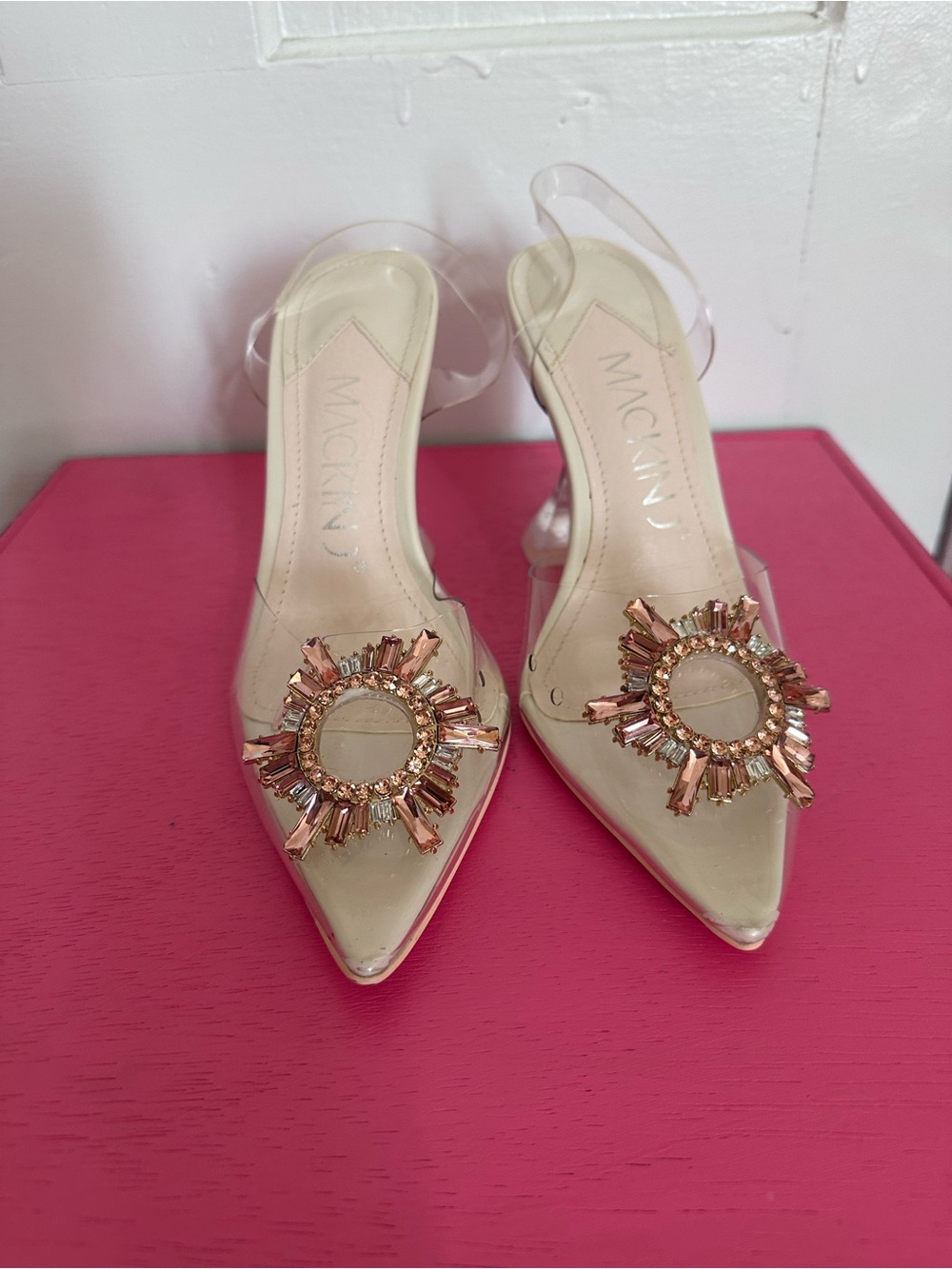 MackinJ‎ Clear Slingback Heels with Rose Gold Crystal Sunburst